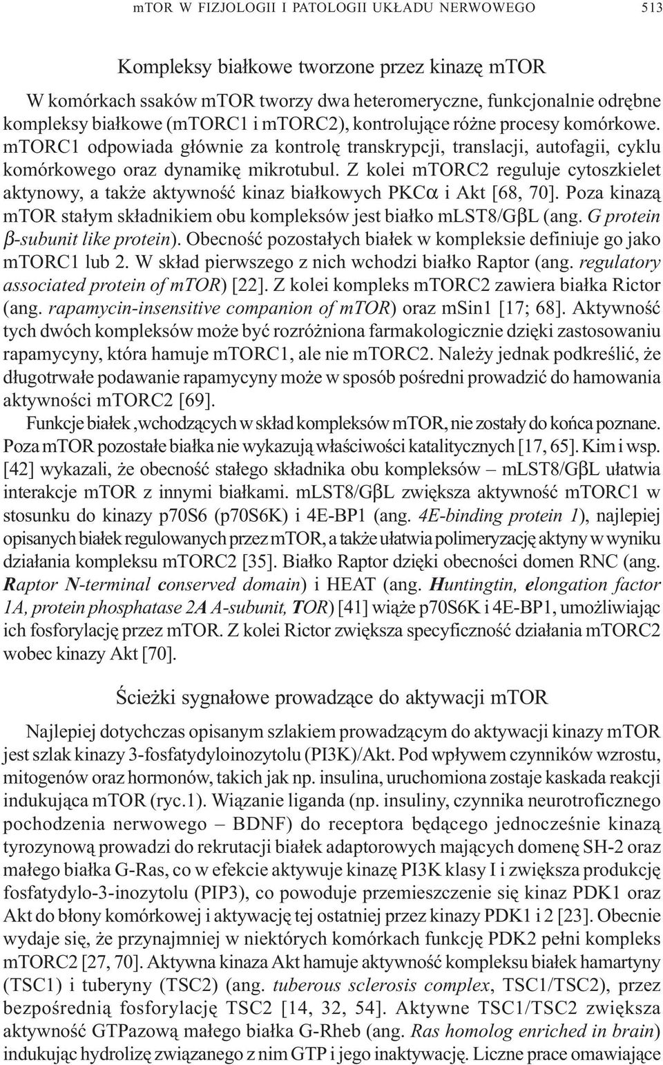 Z kolei mtorc2 reguluje cytoszkielet aktynowy, a tak e aktywnoœæ kinaz bia³kowych PKCα i Akt [68, 70]. Poza kinaz¹ mtor sta³ym sk³adnikiem obu kompleksów jest bia³ko mlst8/gβl (ang.