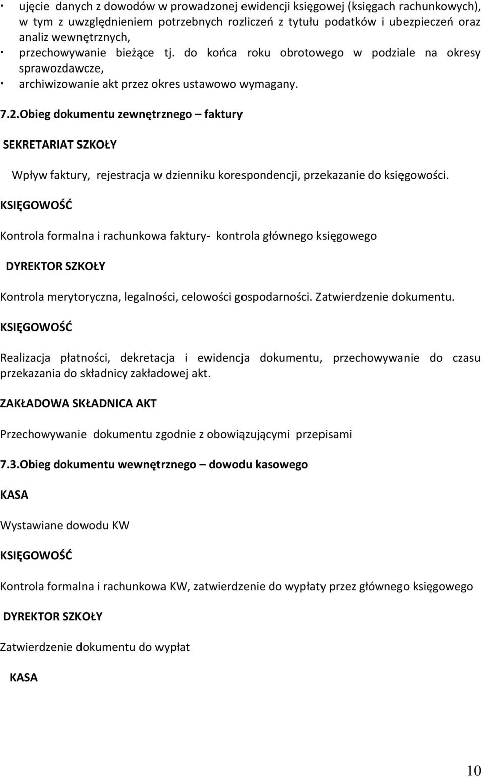 Obieg dokumentu zewnętrznego faktury SEKRETARIAT SZKOŁY Wpływ faktury, rejestracja w dzienniku korespondencji, przekazanie do księgowości.