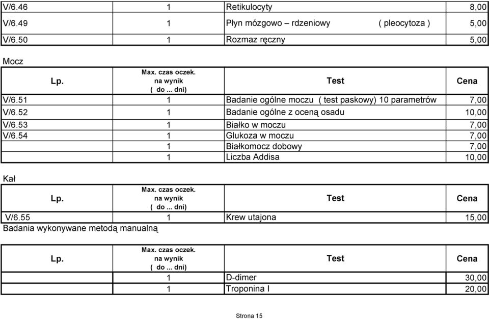 53 1 Białko w moczu V/6.54 1 Glukoza w moczu 1 Białkomocz dobowy 1 Liczba Addisa 10,00 Kał Max. czas oczek. V/6.55 1 Krew utajona 15,00 Badania wykonywane metodą manualną Test Test Max.