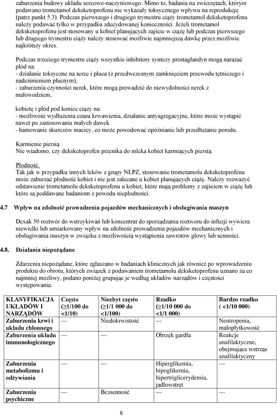 Jeżeli trometamol deksketoprofenu jest stosowany u kobiet planujących zajście w ciążę lub podczas pierwszego lub drugiego trymestru ciąży należy stosować możliwie najmniejszą dawkę przez możliwie