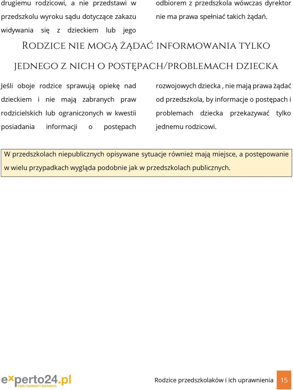 praw rodzicielskich lub ograniczonych w kwestii posiadania informacji o postępach rozwojowych dziecka, nie mają prawa żądać od przedszkola, by informacje o postępach i problemach dziecka