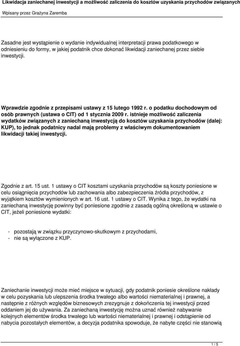 o podatku dochodowym od osób prawnych (ustawa o CIT) od 1 stycznia 2009 r.