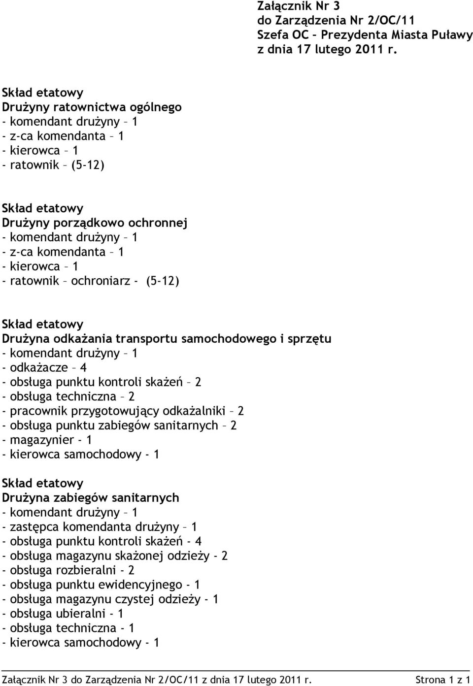 - kierowca 1 - ratownik ochroniarz - (5-) Skład etatowy DruŜyna odkaŝania transportu samochodowego i sprzętu - komendant druŝyny 1 - odkaŝacze 4 - obsługa punktu kontroli skaŝeń 2 - obsługa