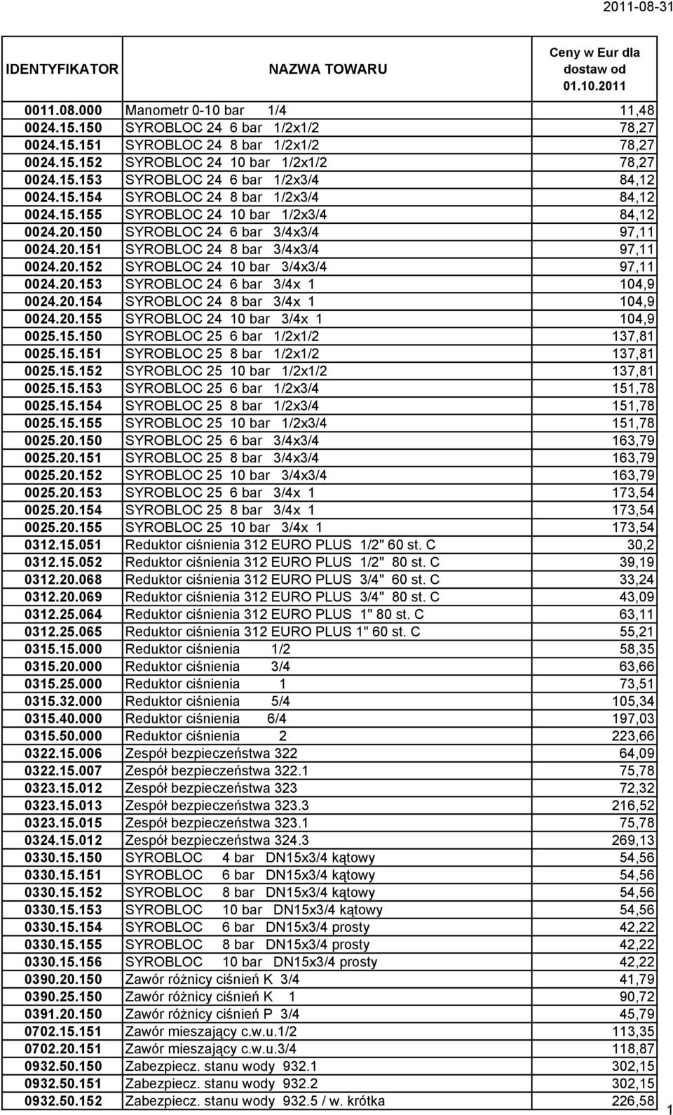 20.152 SYROBLOC 24 10 bar 3/4x3/4 97,11 0024.20.153 SYROBLOC 24 6 bar 3/4x 1 104,9 0024.20.154 SYROBLOC 24 8 bar 3/4x 1 104,9 0024.20.155 SYROBLOC 24 10 bar 3/4x 1 104,9 0025.15.150 SYROBLOC 25 6 bar 1/2x1/2 137,81 0025.