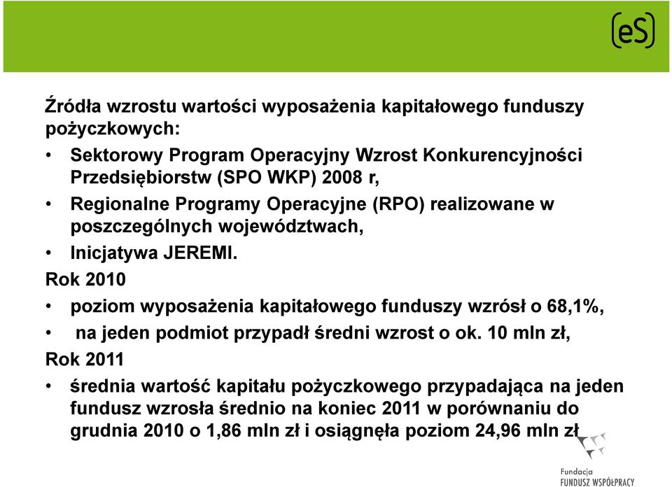 Rok 2010 poziom wyposażenia kapitałowego funduszy wzrósł o 68,1%, na jeden podmiot przypadł średni wzrost o ok.