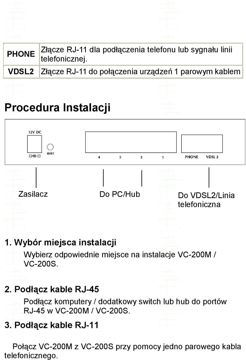 telefoniczna 1. Wybór miejsca instalacji Wybierz odpowiednie miejsce na instalacje VC-200M / VC-200S. 2.