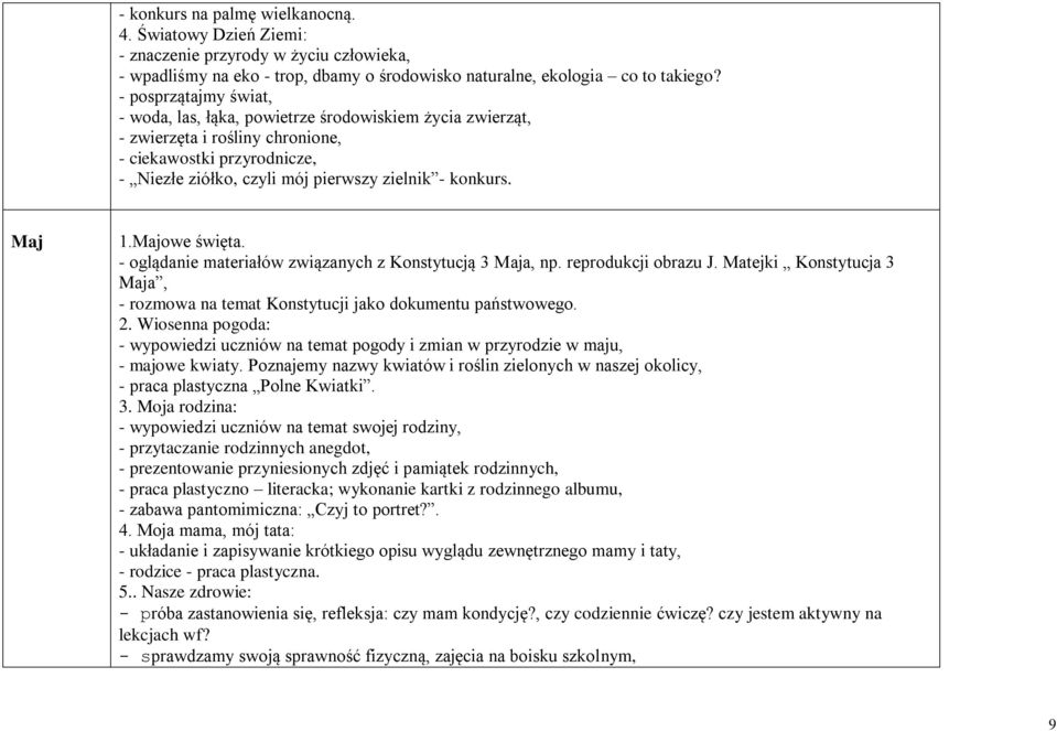 Maj 1.Majowe święta. - oglądanie materiałów związanych z Konstytucją 3 Maja, np. reprodukcji obrazu J. Matejki Konstytucja 3 Maja, - rozmowa na temat Konstytucji jako dokumentu państwowego. 2.