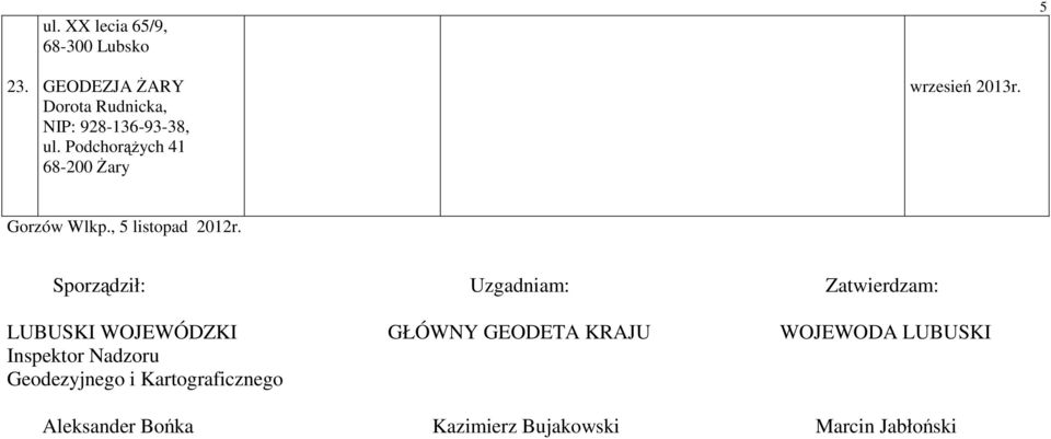 PodchorąŜych 41 68-200 śary Gorzów Wlkp., 5 listopad 2012r.