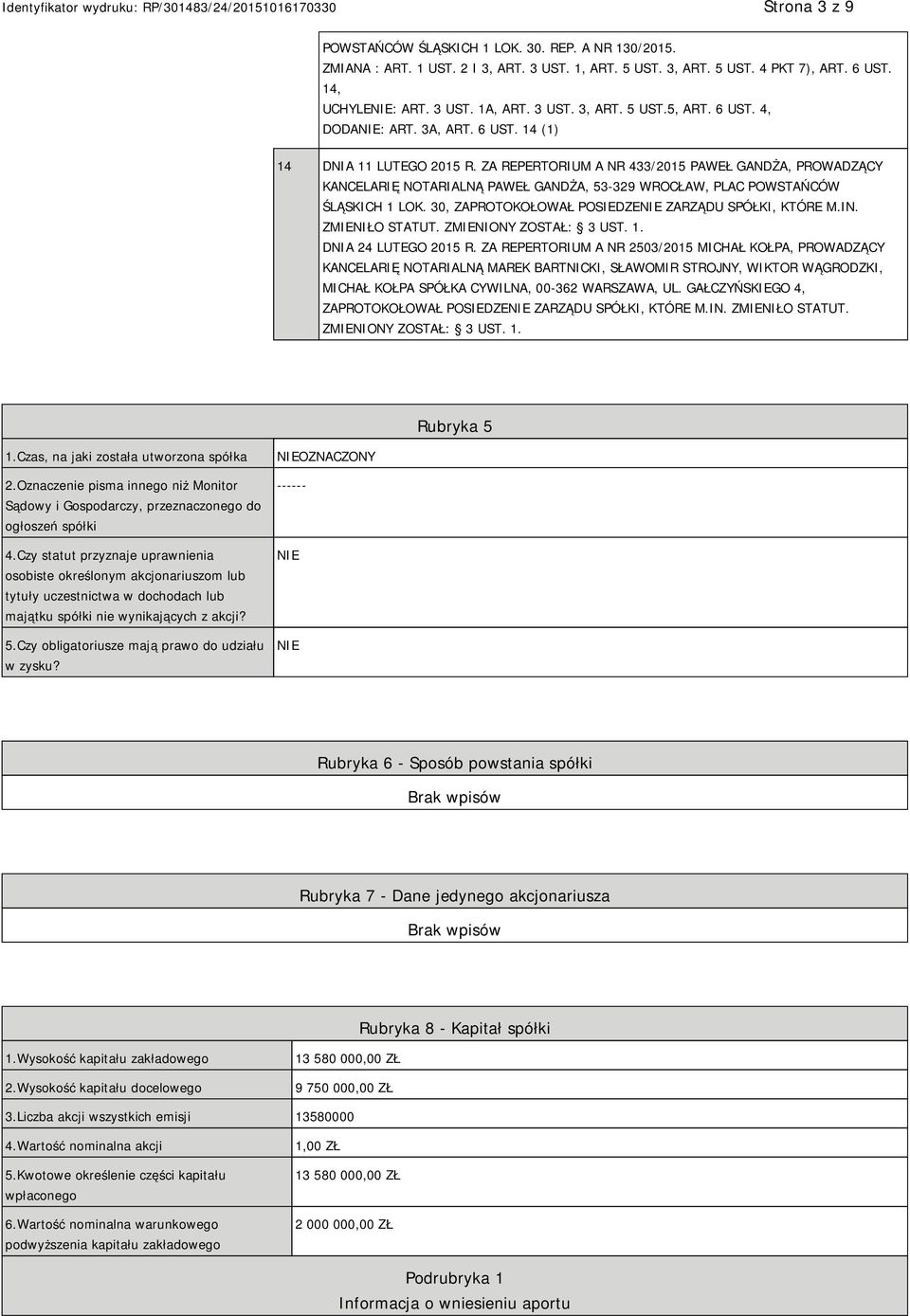 ZA REPERTORIUM A NR 433/2015 PAWEŁ GANDŻA, PROWADZĄCY KANCELARIĘ NOTARIALNĄ PAWEŁ GANDŻA, 53-329 WROCŁAW, PLAC POWSTAŃCÓW ŚLĄSKICH 1 LOK. 30, ZAPROTOKOŁOWAŁ POSIEDZE ZARZĄDU SPÓŁKI, KTÓRE M.IN.