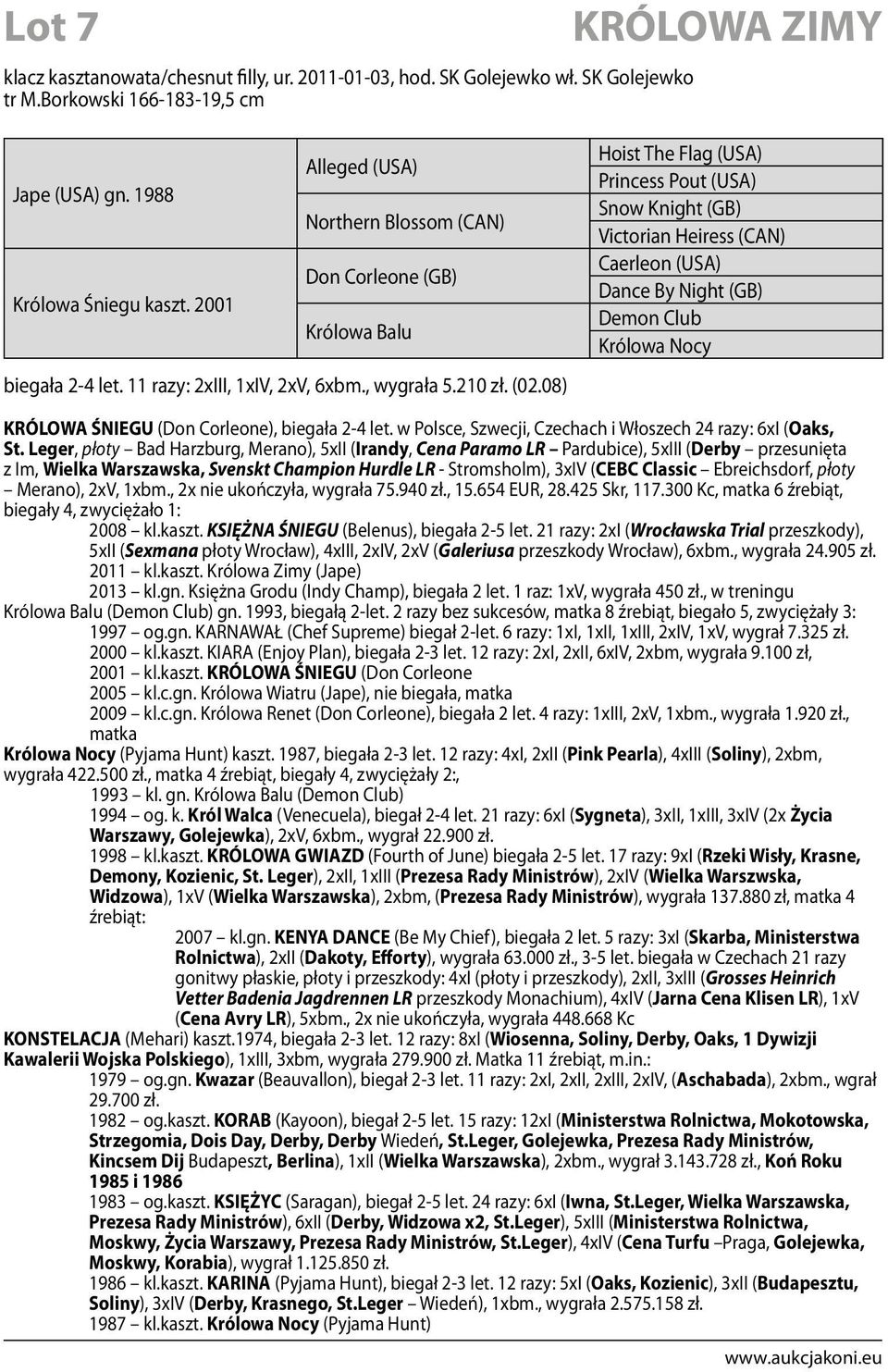 08) Hoist The Flag (USA) Princess Pout (USA) Snow Knight (GB) Victorian Heiress (CAN) Caerleon (USA) Dance By Night (GB) Demon Club Królowa Nocy KRÓLOWA ŚNIEGU (Don Corleone), biegała 2-4 let.