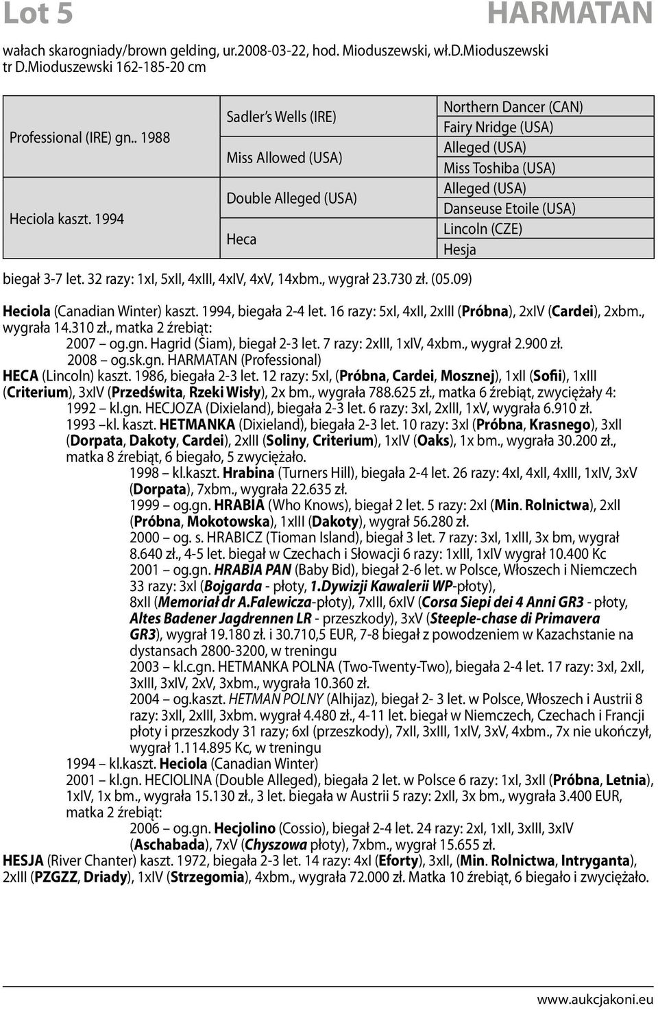 09) HARMATAN Northern Dancer (CAN) Fairy Nridge (USA) Alleged (USA) Miss Toshiba (USA) Alleged (USA) Danseuse Etoile (USA) Lincoln (CZE) Hesja Heciola (Canadian Winter) kaszt. 1994, biegała 2-4 let.