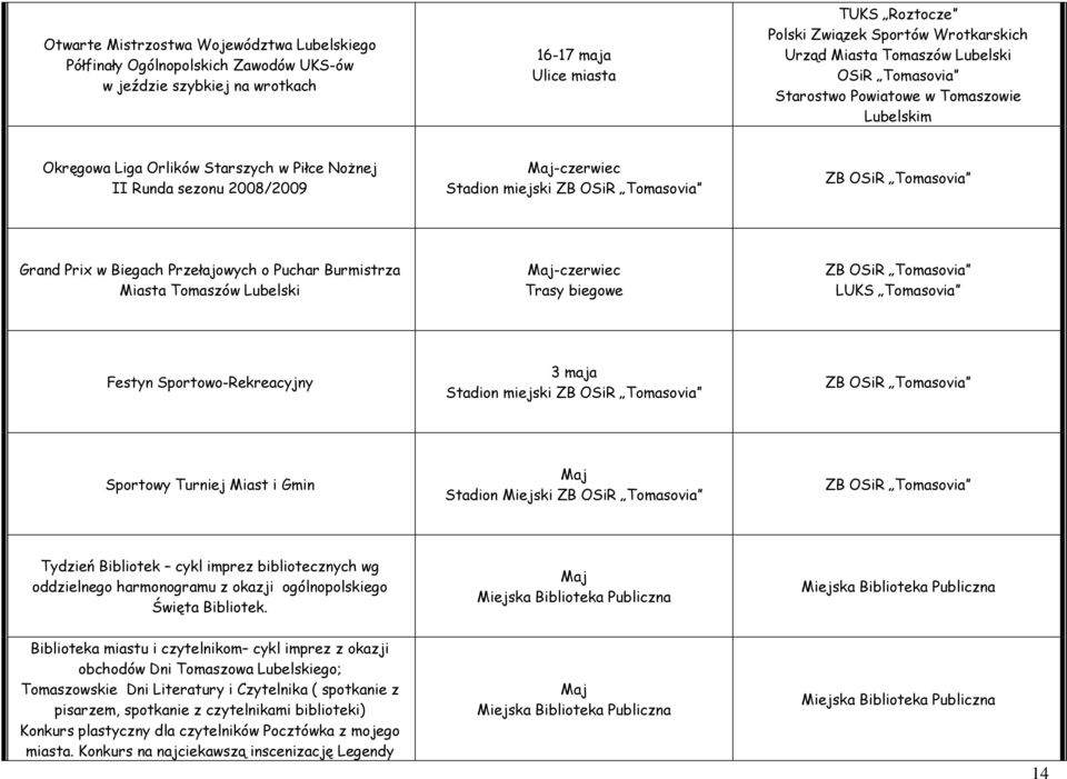 Tomaszów Lubelski Maj-czerwiec Trasy biegowe LUKS Tomasovia Festyn Sportowo-Rekreacyjny 3 maja Stadion miejski Sportowy Turniej Miast i Gmin Maj Stadion Miejski Tydzień Bibliotek cykl imprez