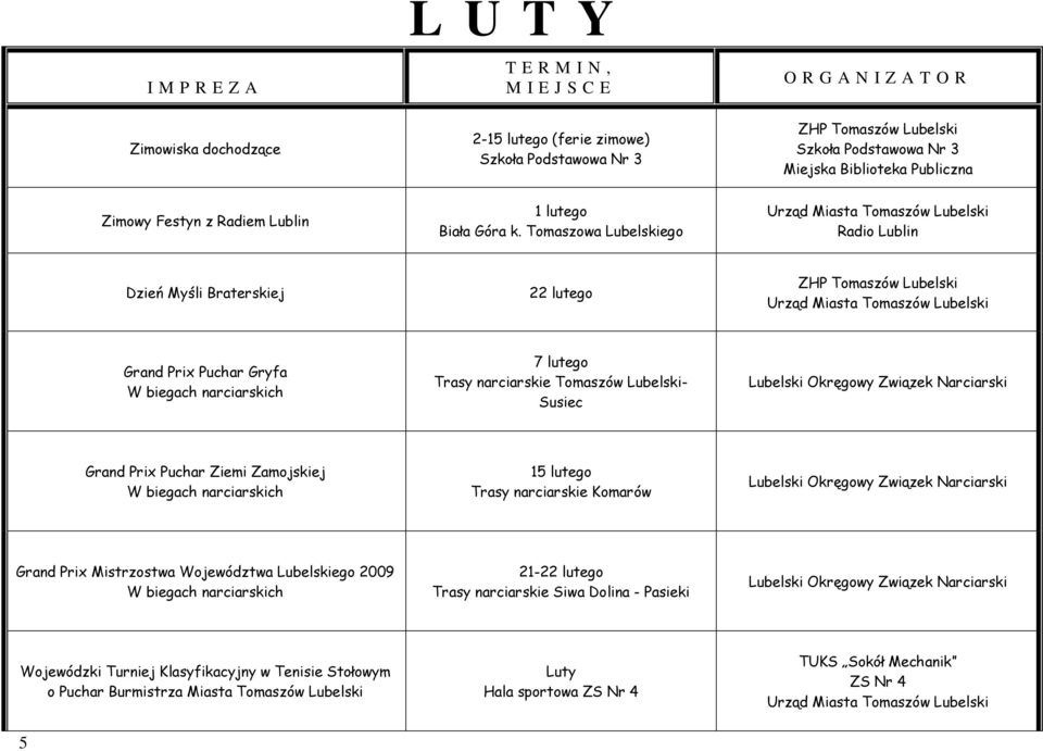 Tomaszowa Lubelskiego Tomaszów Lubelski Radio Lublin Dzień Myśli Braterskiej 22 lutego ZHP Tomaszów Lubelski Tomaszów Lubelski Grand Prix Puchar Gryfa W biegach narciarskich 7 lutego Trasy