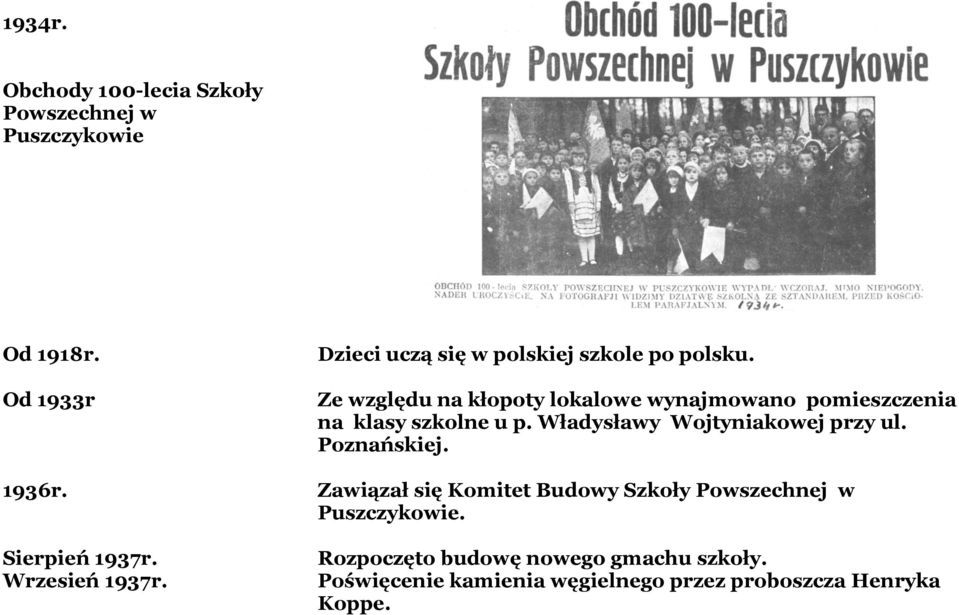 Ze względu na kłopoty lokalowe wynajmowano pomieszczenia na klasy szkolne u p. Władysławy Wojtyniakowej przy ul.