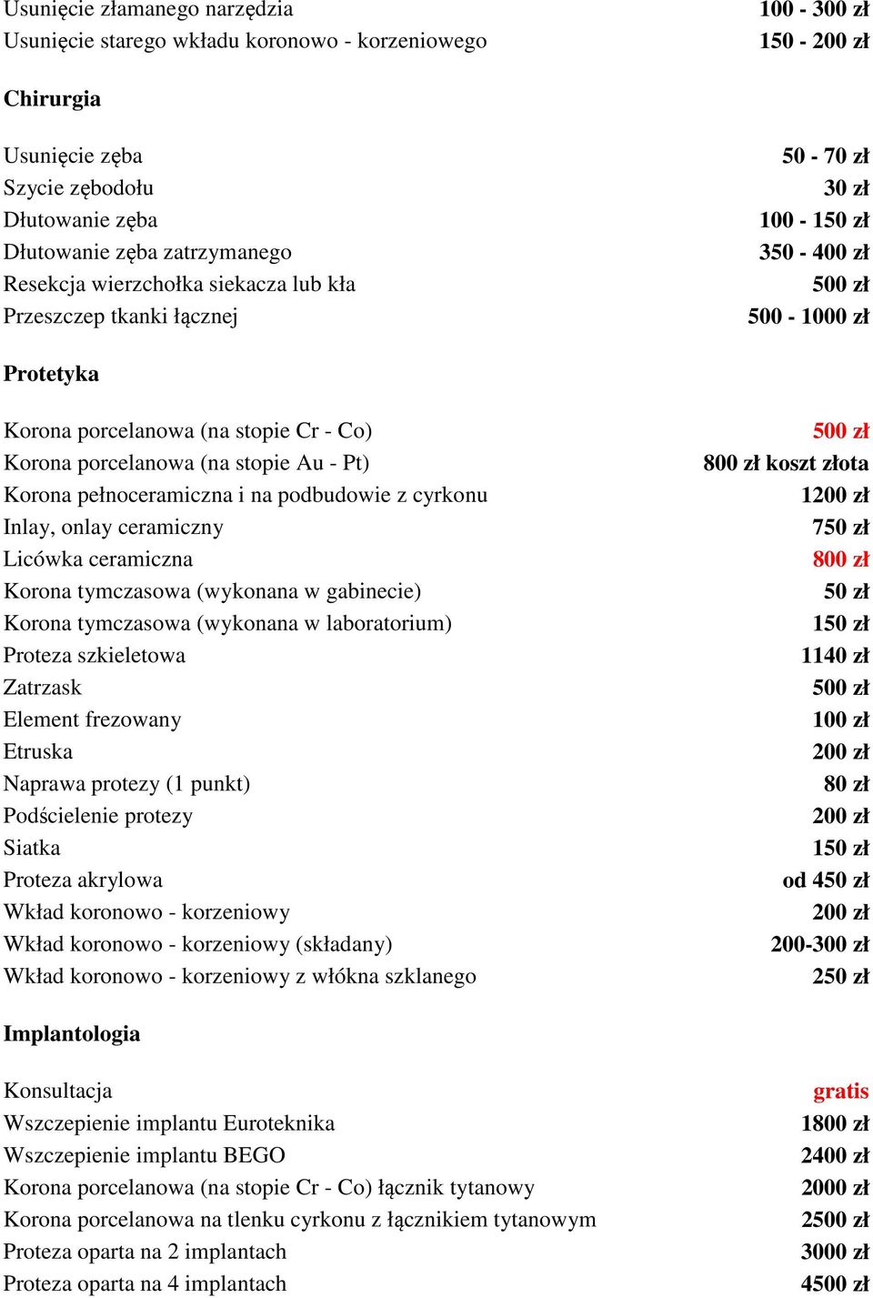 pełnoceramiczna i na podbudowie z cyrkonu Inlay, onlay ceramiczny Licówka ceramiczna Korona tymczasowa (wykonana w gabinecie) Korona tymczasowa (wykonana w laboratorium) Proteza szkieletowa Zatrzask