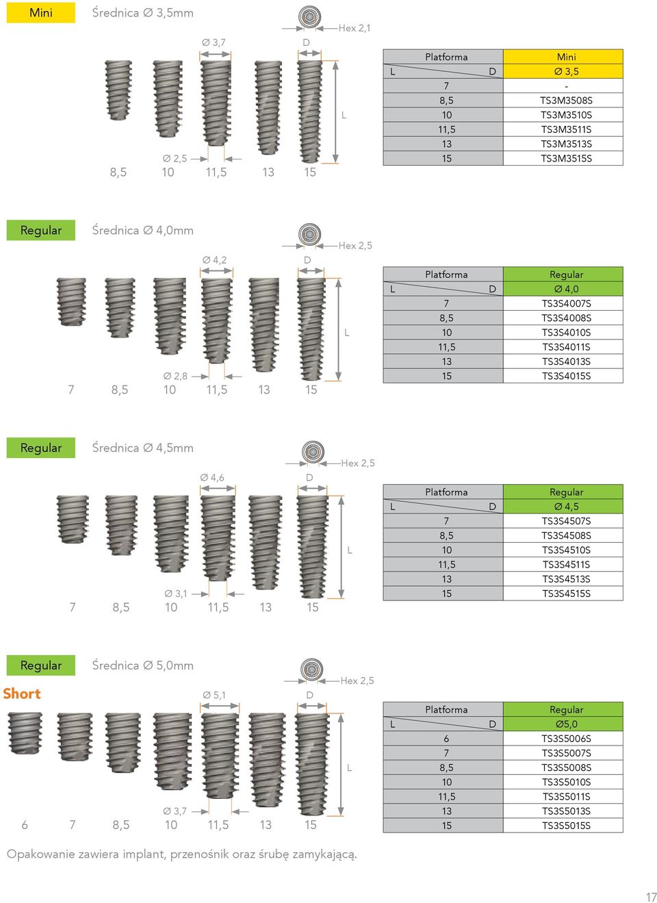 15 2,5 Platforma Ø 4,5 7 TS3S4507S 8,5 TS3S4508S 10 TS3S4510S 11,5 TS3S4511S 13 TS3S4513S 15 TS3S4515S Short 6 7 Średnica Ø 5,0mm Ø 3,7 8,5 10 Ø 5,1 11,5 13 15 2,5