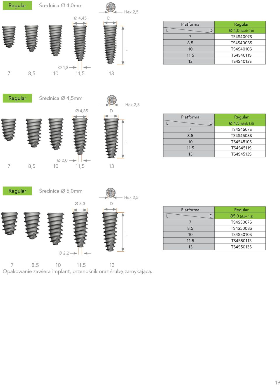 TS4S4508S 10 TS4S4510S 11,5 TS4S4511S 13 TS4S4513S Średnica Ø 5,0mm Ø 5,3 2,5 Platforma Ø 2,2 Ø5,0 (skok ) 7 TS4S5007S 8,5