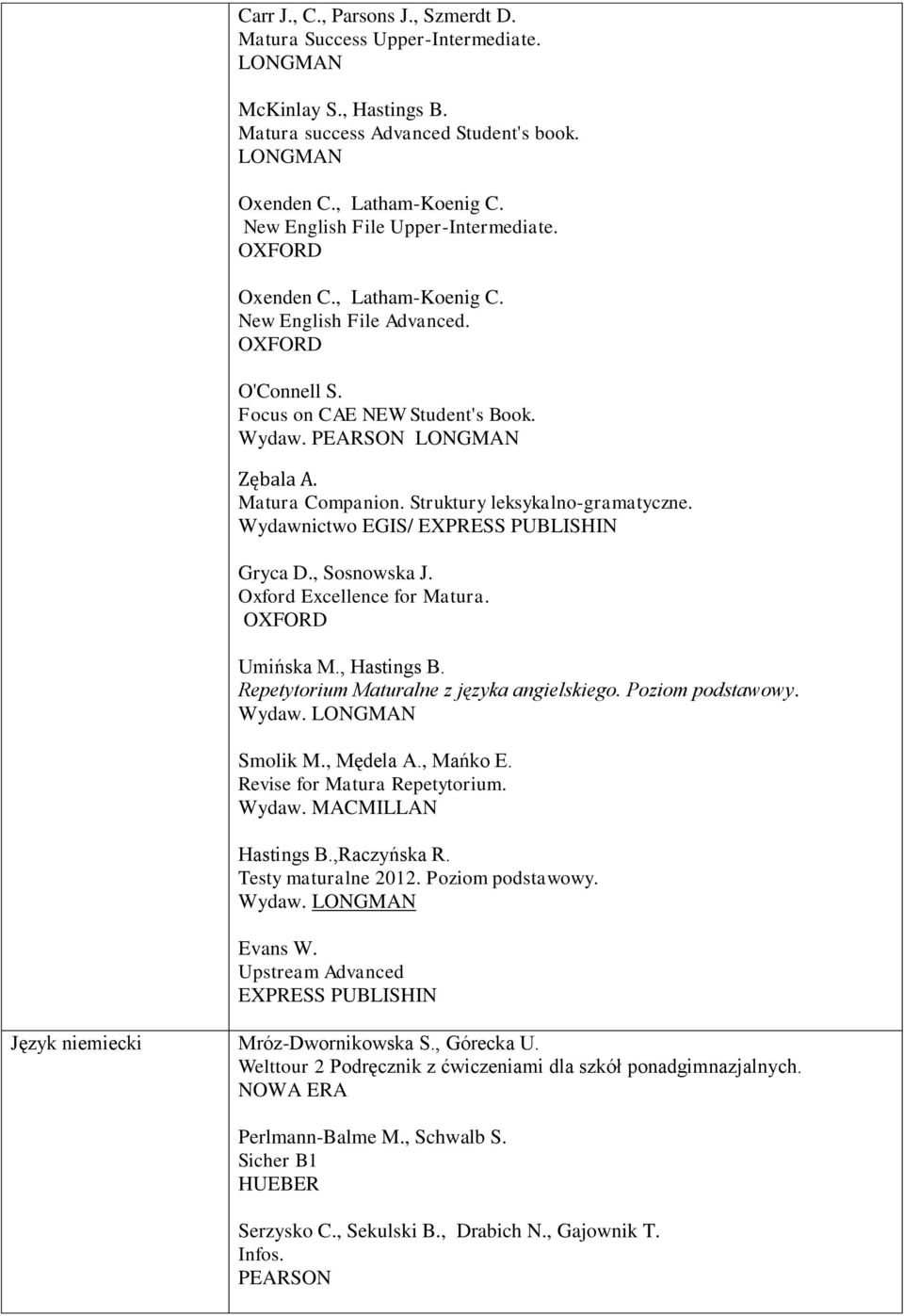 Struktury leksykalno-gramatyczne. Wydawnictwo EGIS/ EXPRESS PUBLISHIN Gryca D., Sosnowska J. Oxford Excellence for Matura. Umińska M., Hastings B. Repetytorium Maturalne z języka angielskiego.