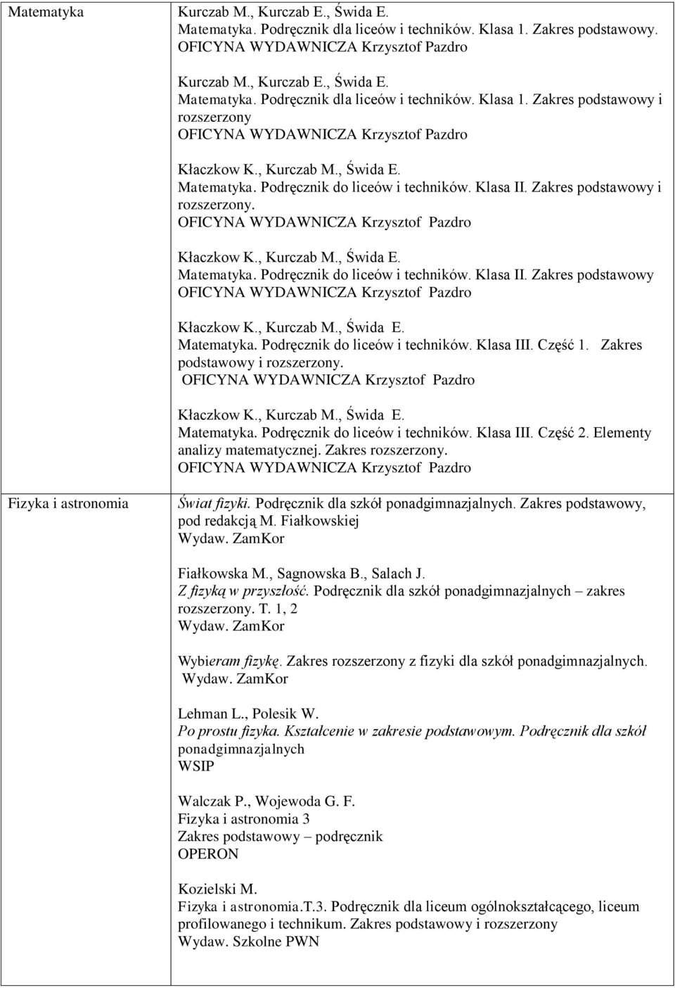 Część 1. Zakres podstawowy i rozszerzony. Matematyka. Podręcznik do liceów i techników. Klasa III. Część 2. Elementy analizy matematycznej. Zakres rozszerzony. Fizyka i astronomia Świat fizyki.