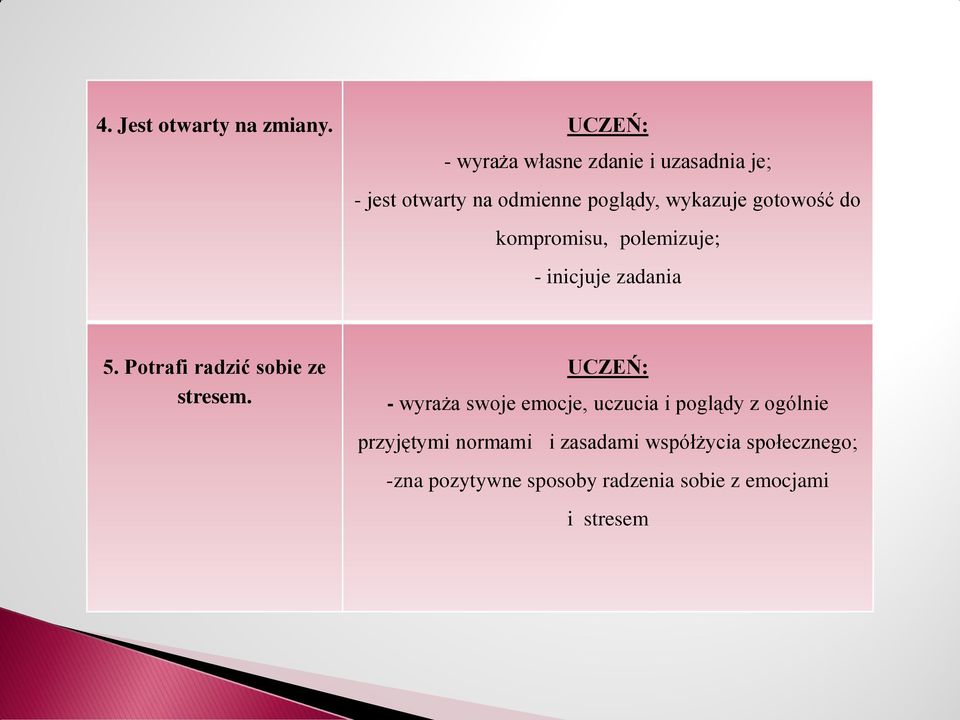 gotowość do kompromisu, polemizuje; - inicjuje zadania 5. Potrafi radzić sobie ze stresem.