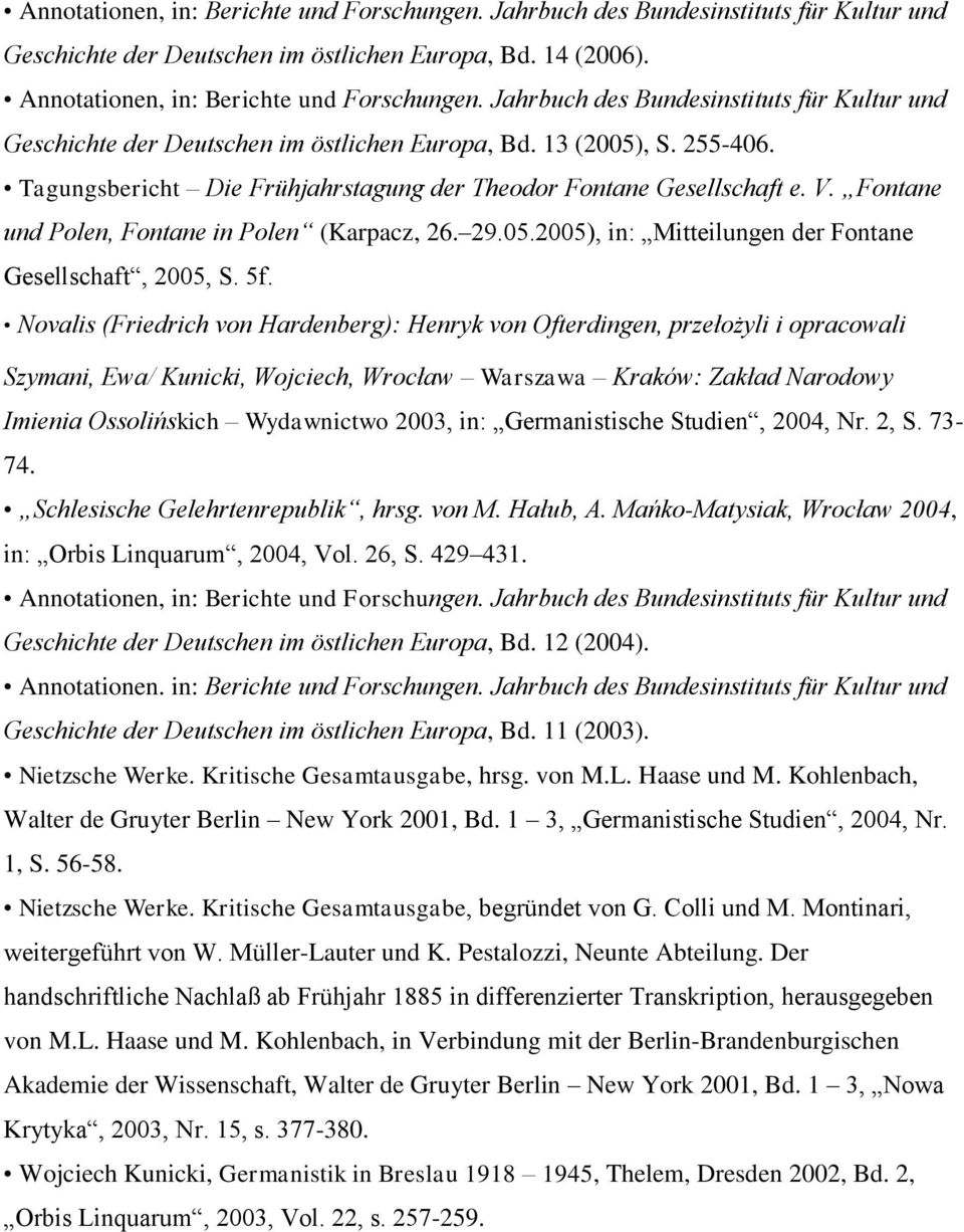 Fontane und Polen, Fontane in Polen (Karpacz, 26. 29.05.2005), in: Mitteilungen der Fontane Gesellschaft, 2005, S. 5f.