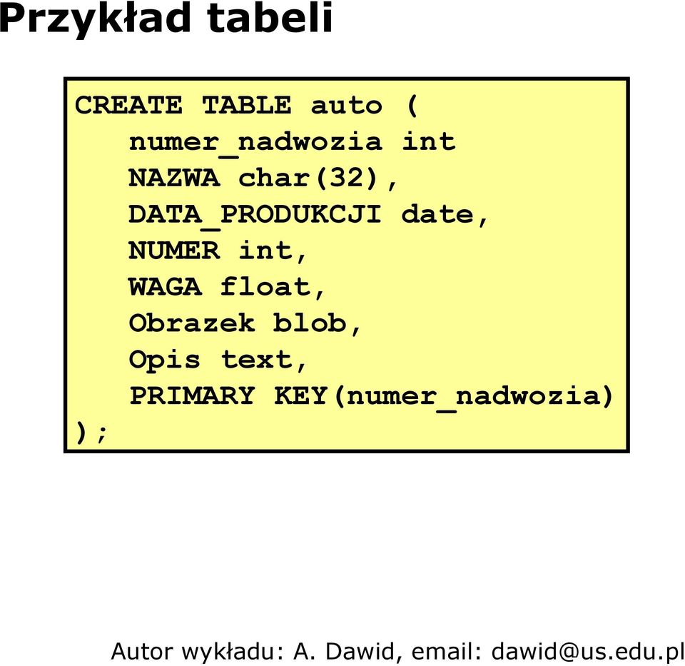 DATA_PRODUKCJI date, NUMER int, WAGA