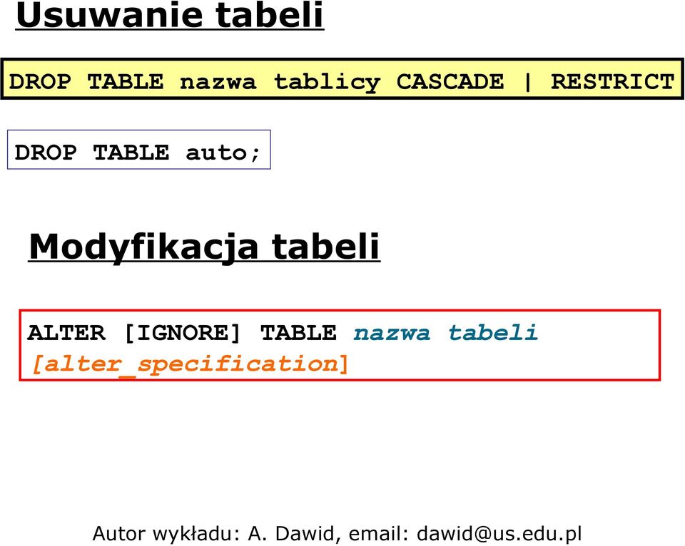 auto; Modyfikacja tabeli ALTER