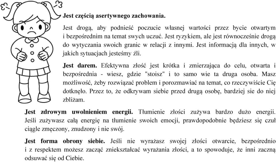 Efektywna złość jest krótka i zmierzająca do celu, otwarta i bezpośrednia - wiesz, gdzie "stoisz" i to samo wie ta druga osoba.