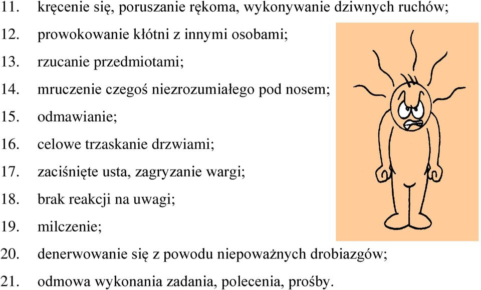 mruczenie czegoś niezrozumiałego pod nosem; 15. odmawianie; 16. celowe trzaskanie drzwiami; 17.