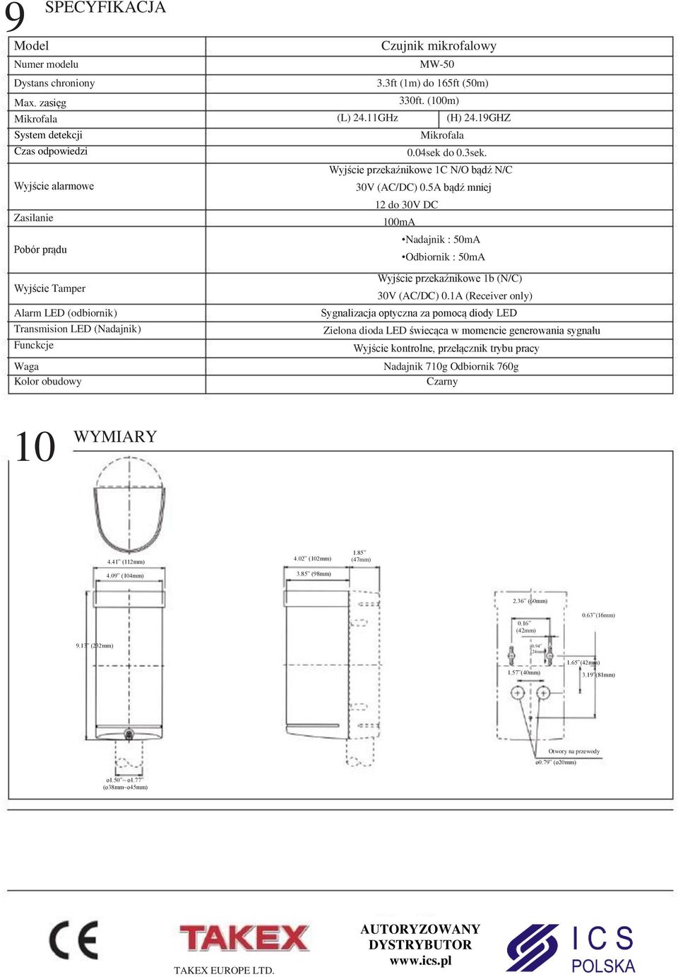 3ft (1m) do 165ft () 330ft. (100m) Mikrofala (H) 4.19GHZ 0.04sek do 0.3sek. Wyjście przekaźnikowe 1C N/O bądź N/C 30V (AC/DC) 0.