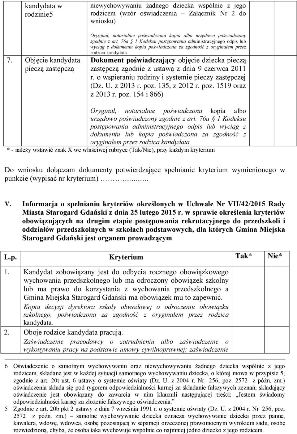 rodzica Dokument poświadczający objęcie dziecka pieczą zastępczą zgodnie z ustawą z dnia 9 czerwca 2011 r. o wspieraniu rodziny i systemie pieczy zastępczej (Dz. U. z 2013 r. poz. 135, z 2012 r. poz. 1519 oraz z 2013 r.