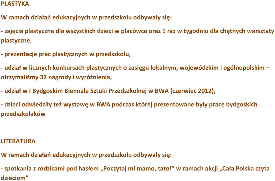 i wyróżnienia, - udział w I Bydgoskim Biennale Sztuki Przedszkolnej w BWA (czerwiec 2012), - dzieci odwiedziły też wystawę w BWA podczas której prezentowane były prace