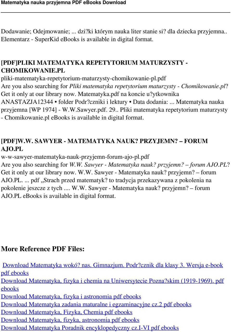 pdf Are you also searching for Pliki matematyka repetytorium maturzysty - Chomikowanie.pl? Get it only at our library now. Matematyka.pdf na koncie u?ytkownika ANASTAZJA12344 folder Podr?