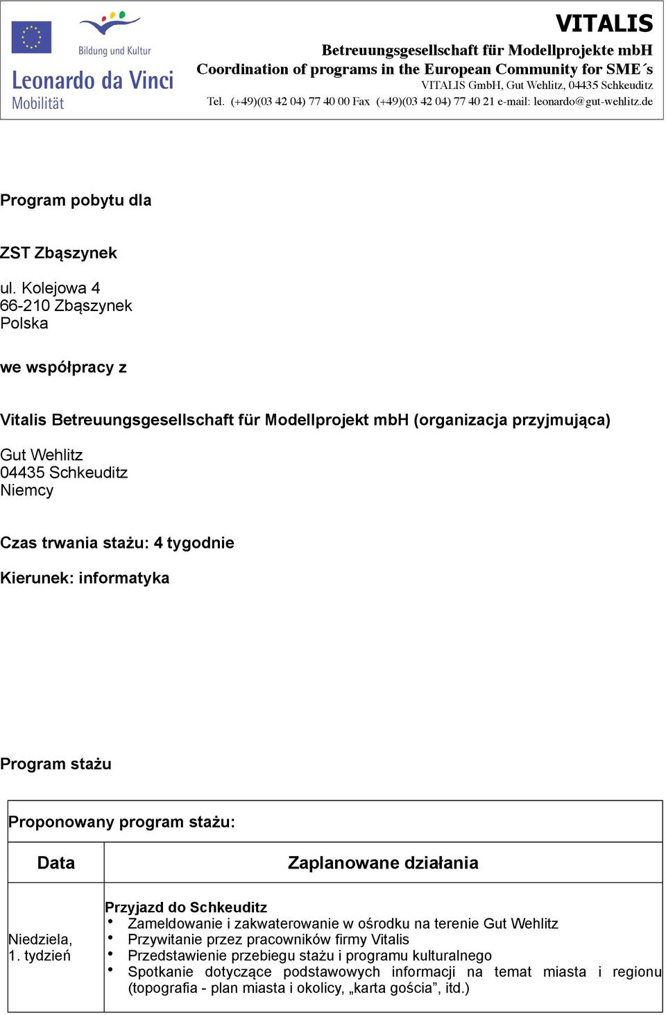 Niemcy Czas trwania stażu: 4 tygodnie Kierunek: informatyka Program stażu Proponowany program stażu: Data Zaplanowane działania 1.