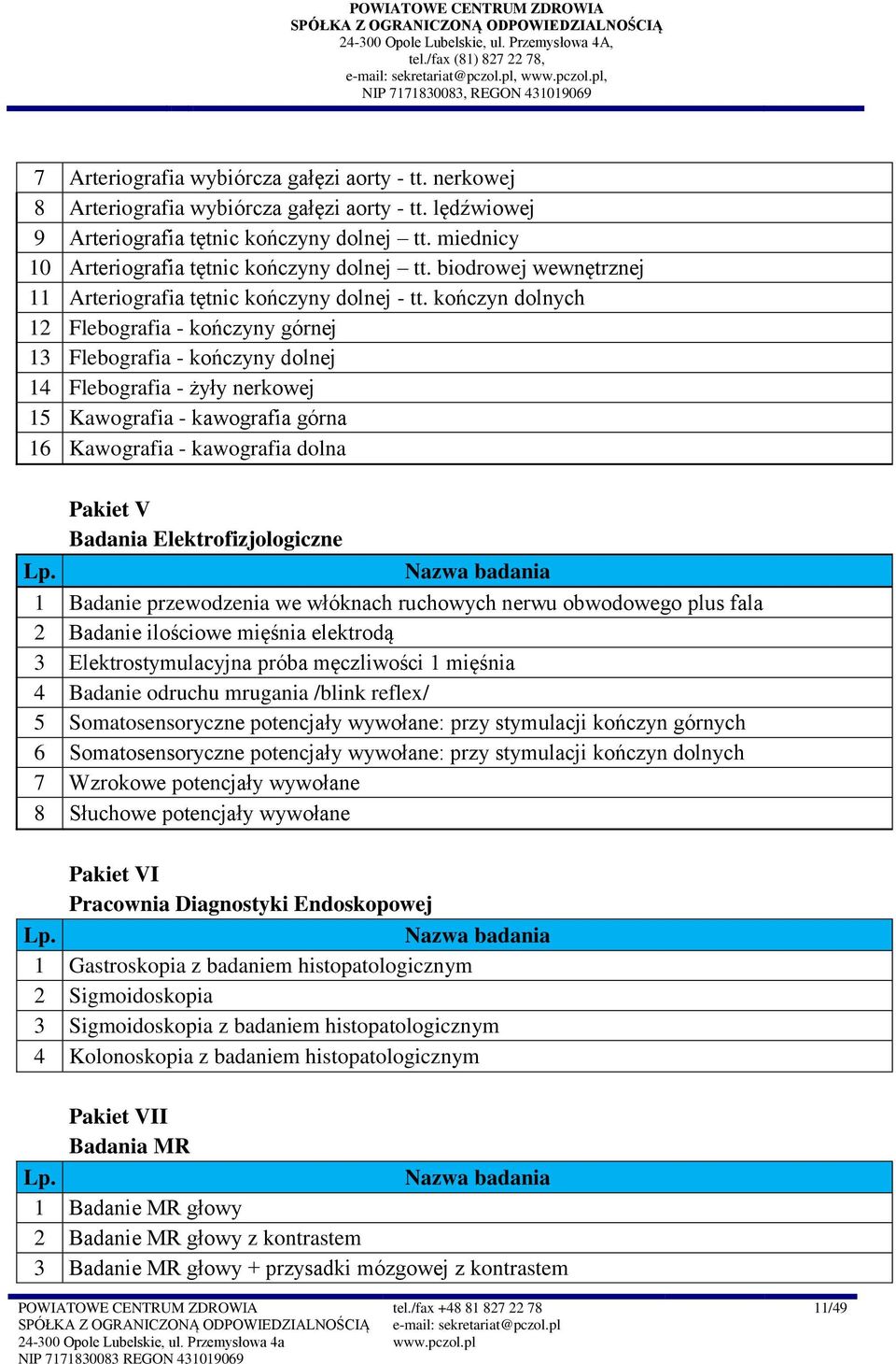 kończyn dolnych 2 Flebografia - kończyny górnej 3 Flebografia - kończyny dolnej 4 Flebografia - żyły nerkowej 5 Kawografia - kawografia górna 6 Kawografia - kawografia dolna Pakiet V Badania