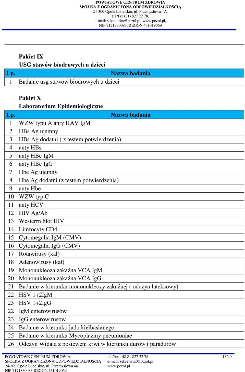 0 WZW typ C anty HCV 2 HIV Ag/Ab 3 Westerrn blot HIV 4 Limfocyty CD4 5 Cytomegalia IgM (CMV) 6 Cytomegalia IgG (CMV) 7 Rotawirusy (kał) 8 Adenowirusy (kał) 9 Mononukleoza zakaźna VCA IgM Mononukleoza