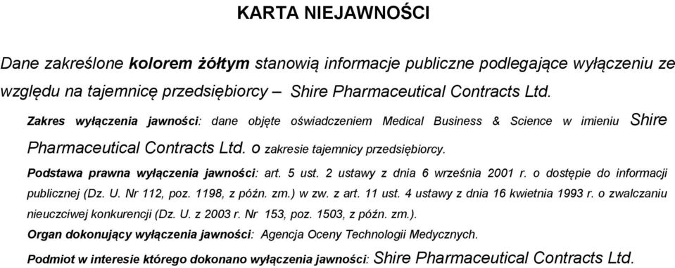 Podstawa prawna wyłączenia jawności: art. 5 ust. 2 ustawy z dnia 6 września 2001 r. o dostępie do informacji publicznej (Dz. U. Nr 112, poz. 1198, z późn. zm.) w zw. z art. 11 ust.