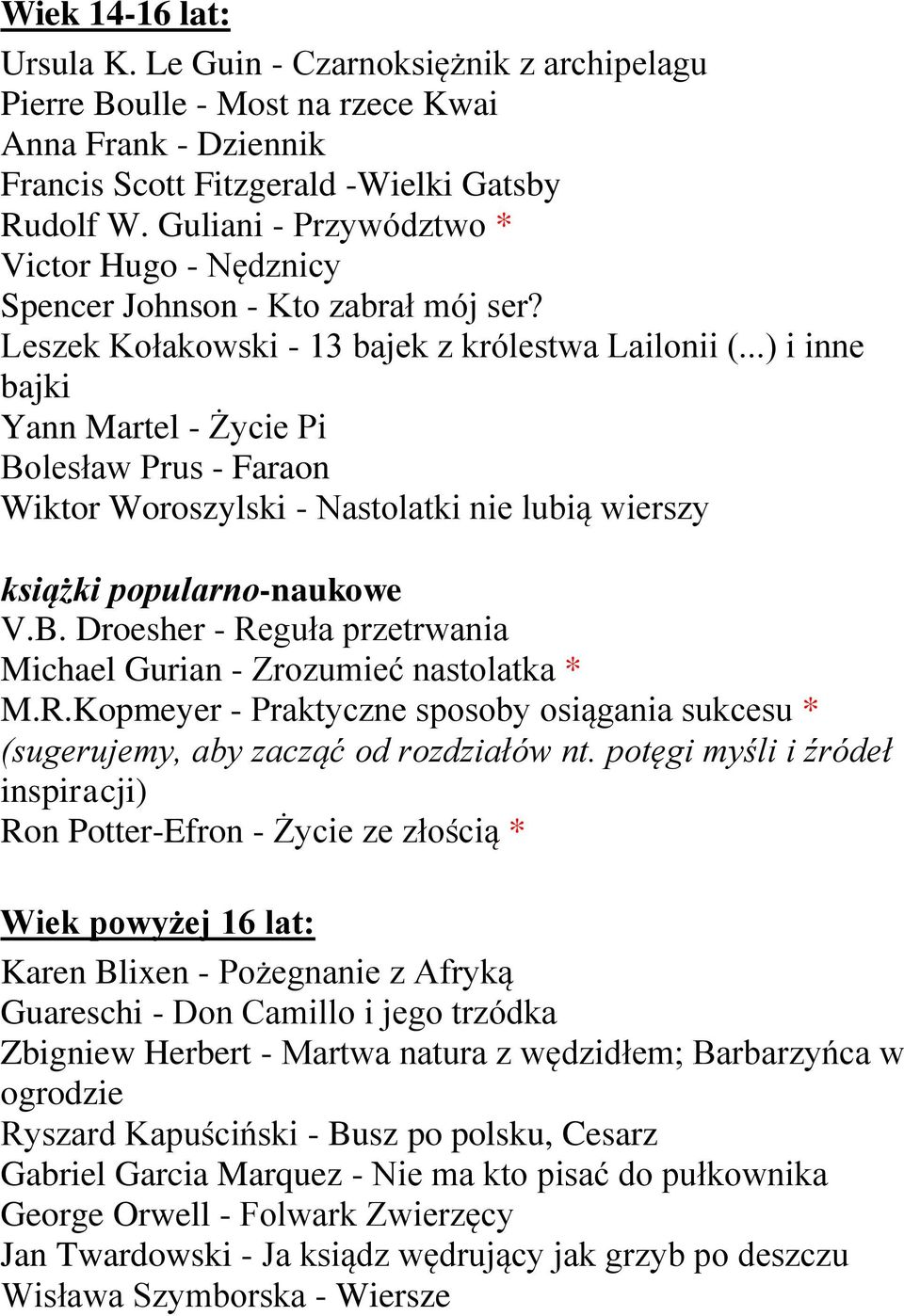 ..) i inne bajki Yann Martel - Życie Pi Bolesław Prus - Faraon Wiktor Woroszylski - Nastolatki nie lubią wierszy książki popularno-naukowe V.B. Droesher - Reguła przetrwania Michael Gurian - Zrozumieć nastolatka * M.