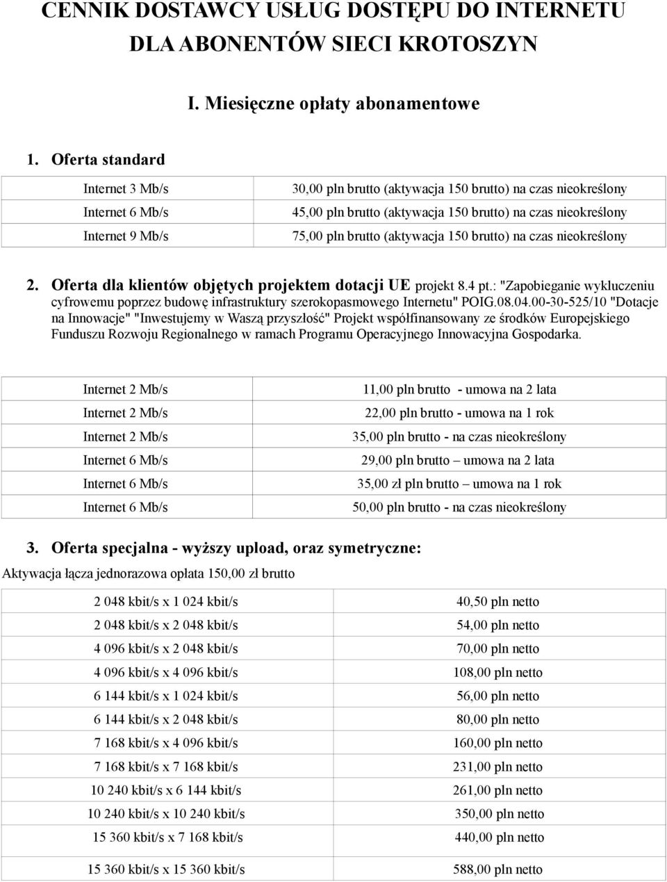 brutto (aktywacja 150 brutto) na czas nieokreślony 2. Oferta dla klientów objętych projektem dotacji UE projekt 8.4 pt.