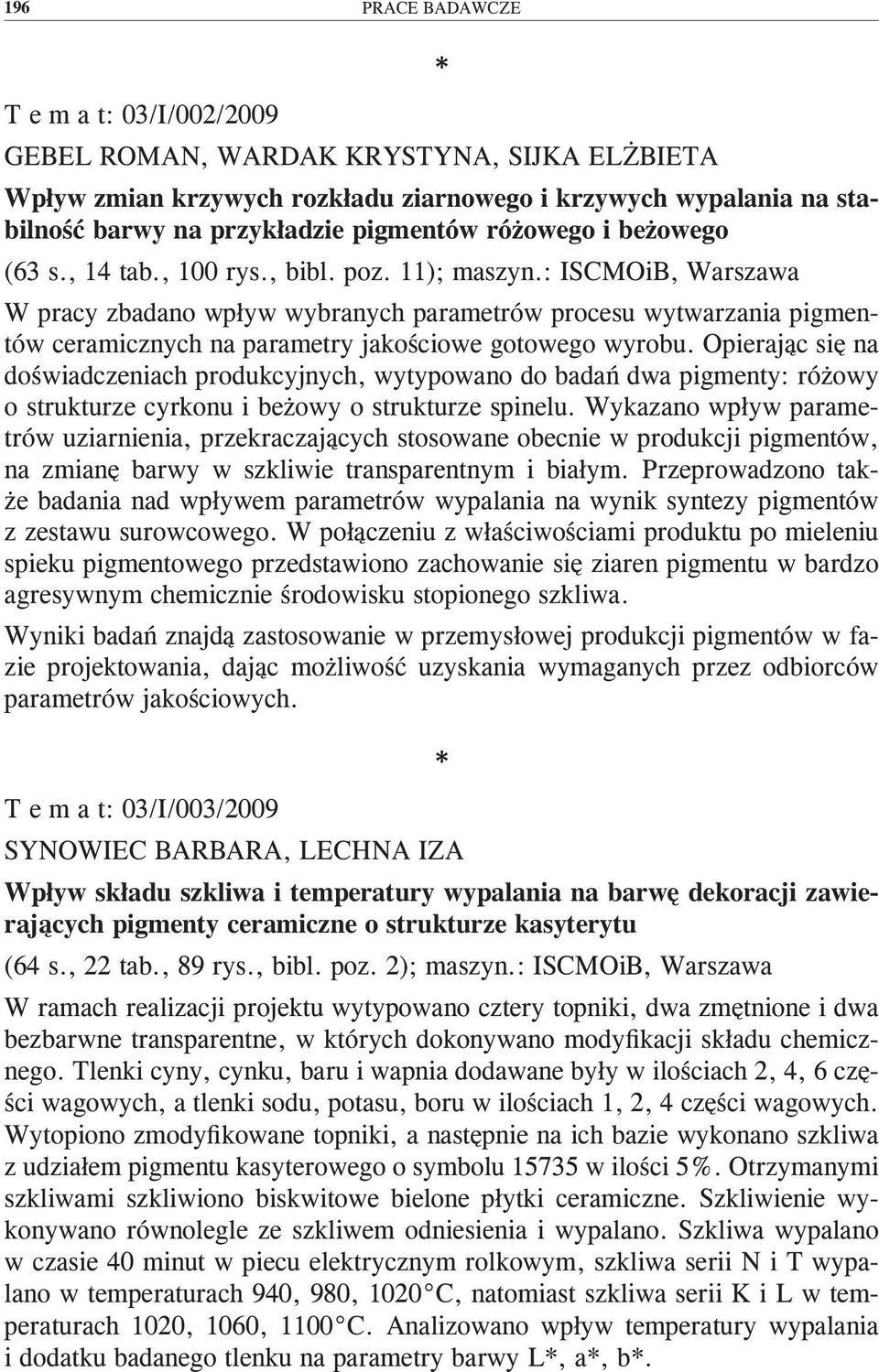 : ISCMOiB, Warszawa W pracy zbadano wpływ wybranych parametrów procesu wytwarzania pigmentów ceramicznych na parametry jakościowe gotowego wyrobu.