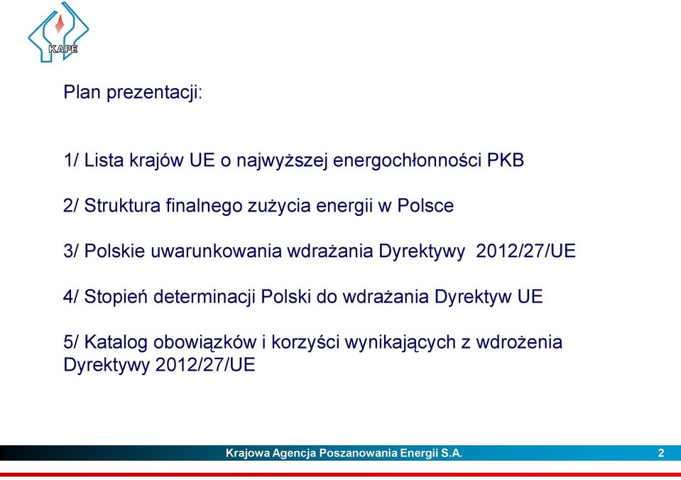 2012/27/UE 4/ Stopień determinacji Polski do wdrażania Dyrektyw UE 5/ Katalog obowiązków