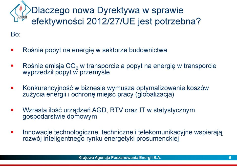 Konkurencyjność w biznesie wymusza optymalizowanie koszów zużycia energii i ochronę miejsc pracy (globalizacja) Wzrasta ilość urządzeń AGD, RTV