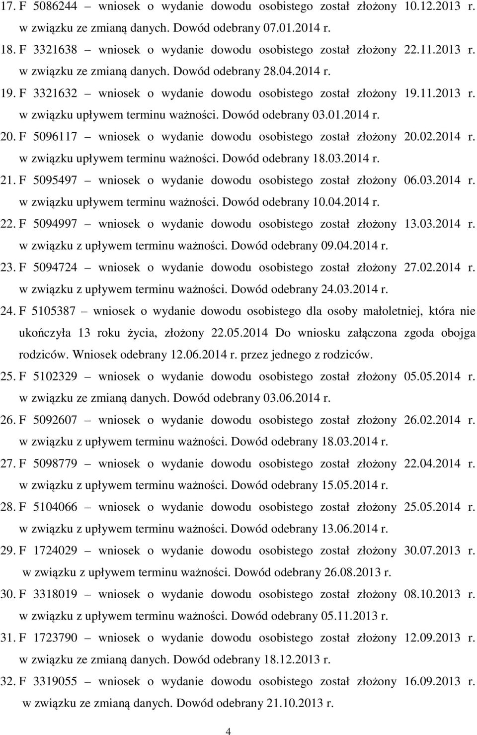 11.2013 r. w związku upływem terminu ważności. Dowód odebrany 03.01.2014 r. 20. F 5096117 wniosek o wydanie dowodu osobistego został złożony 20.02.2014 r. w związku upływem terminu ważności. Dowód odebrany 18.