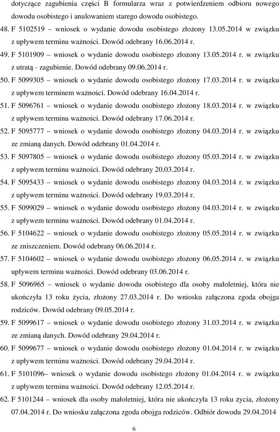 06.2014 r. 50. F 5099305 wniosek o wydanie dowodu osobistego złożony 17.03.2014 r. w związku z upływem terminem ważności. Dowód odebrany 16.04.2014 r. 51.