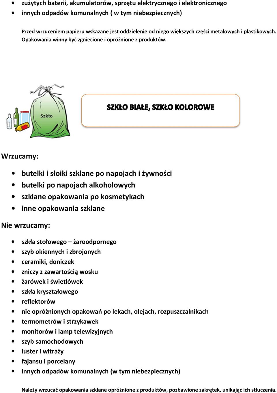 Wrzucamy: butelki i słoiki szklane po napojach i żywności butelki po napojach alkoholowych szklane opakowania po kosmetykach inne opakowania szklane szkła stołowego żaroodpornego szyb okiennych i
