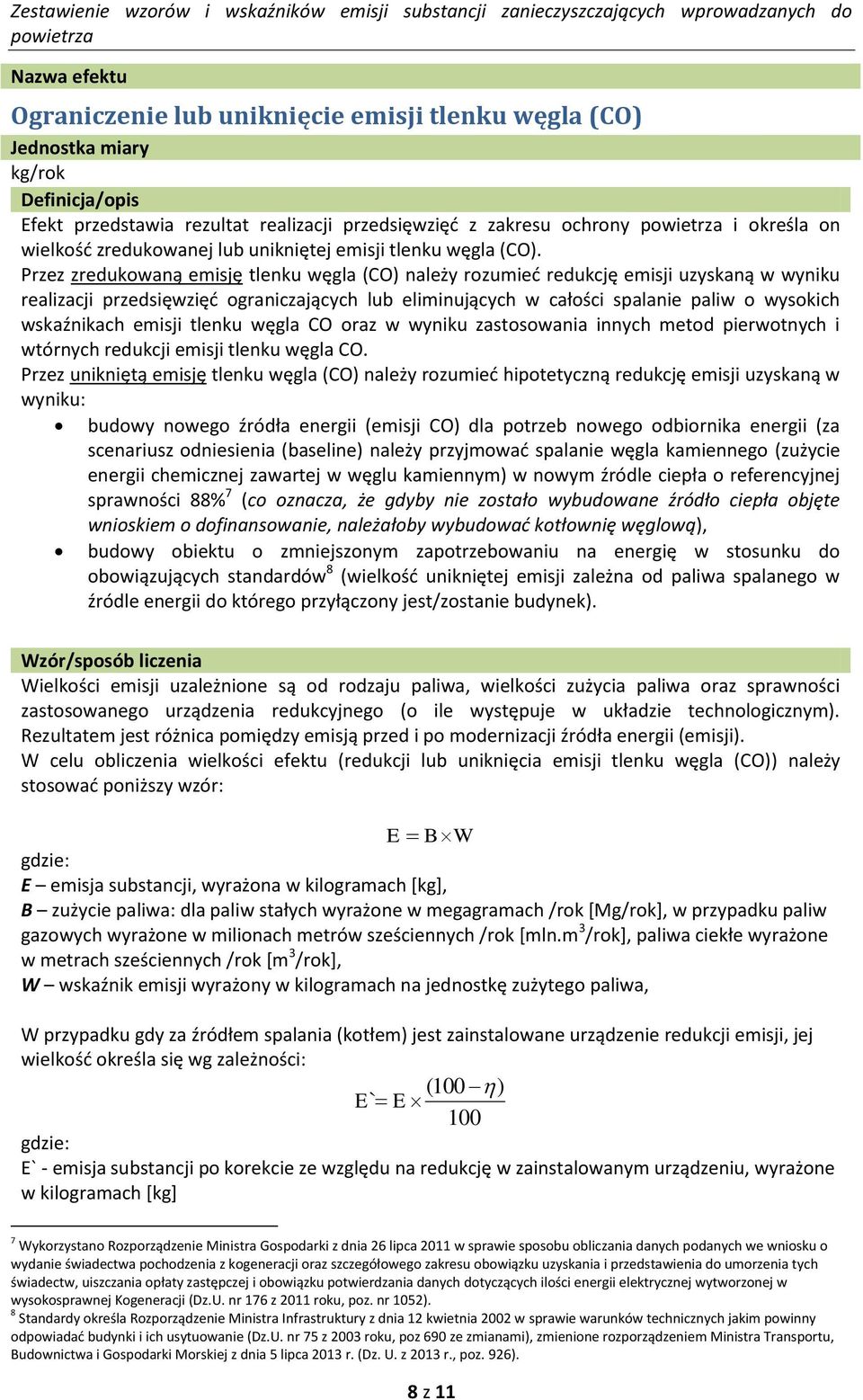 Przez zredukowaną emisję tlenku węgla (CO) należy rozumieć redukcję emisji uzysną w wyniku realizacji przedwzięć ograniczających lub eliminujących w całości spalanie paliw o wysokich wsźnich emisji