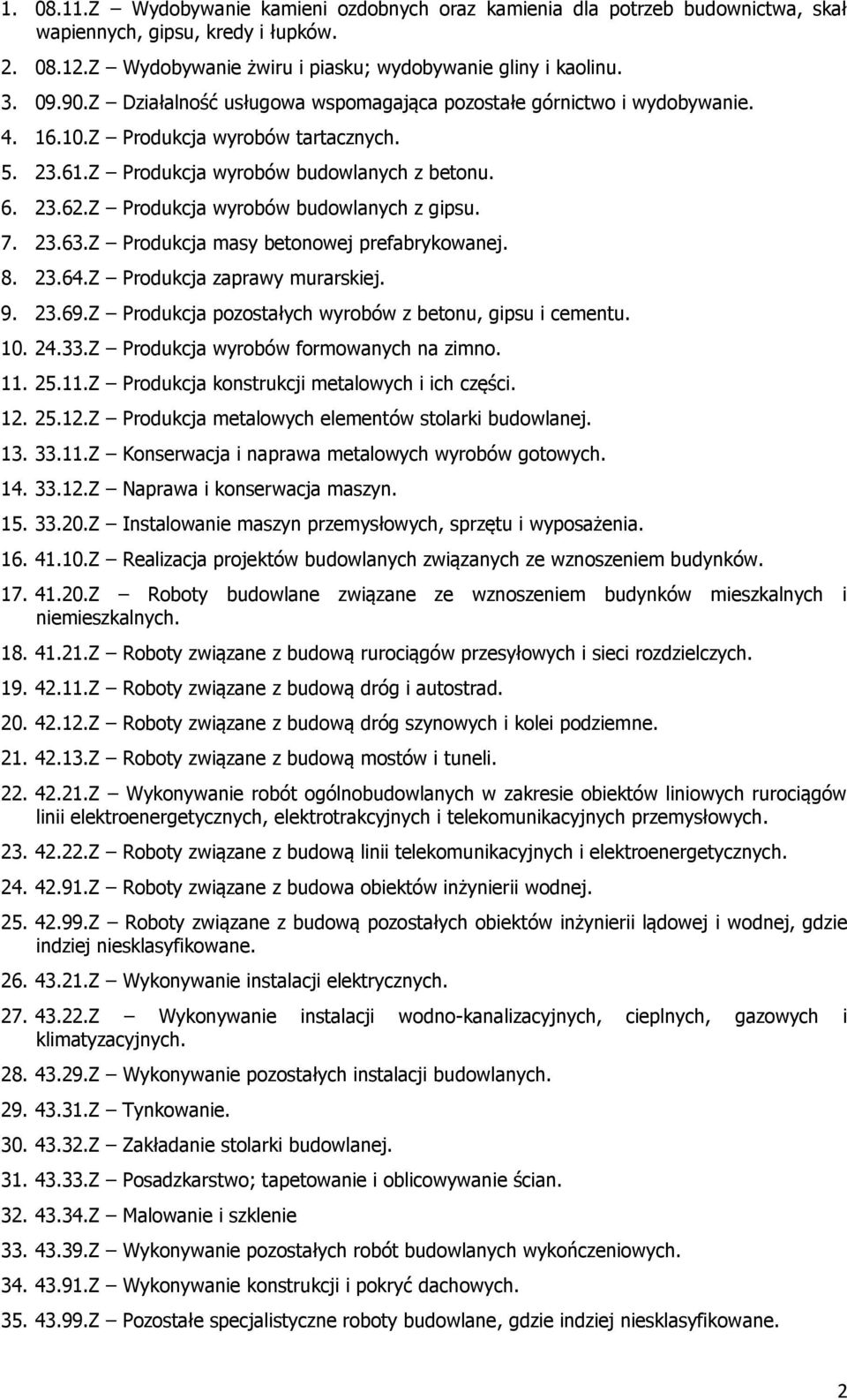 Z Produkcja wyrobów budowlanych z gipsu. 7. 23.63.Z Produkcja masy betonowej prefabrykowanej. 8. 23.64.Z Produkcja zaprawy murarskiej. 9. 23.69.