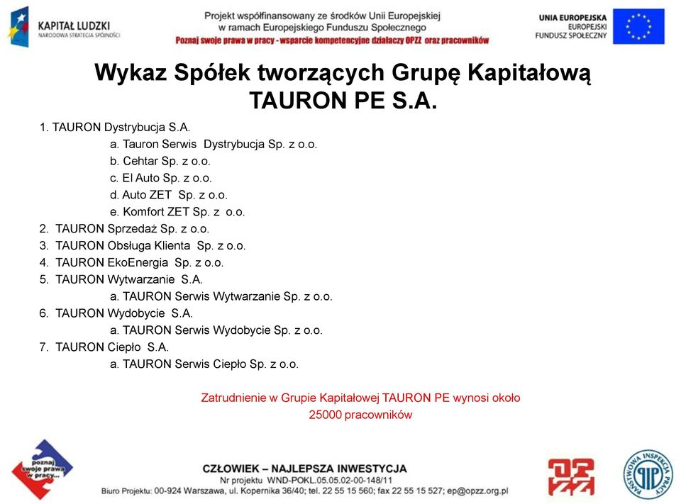 TAURON EkoEnergia Sp. z o.o. 5. TAURON Wytwarzanie S.A. a. TAURON Serwis Wytwarzanie Sp. z o.o. 6. TAURON Wydobycie S.A. a. TAURON Serwis Wydobycie Sp.