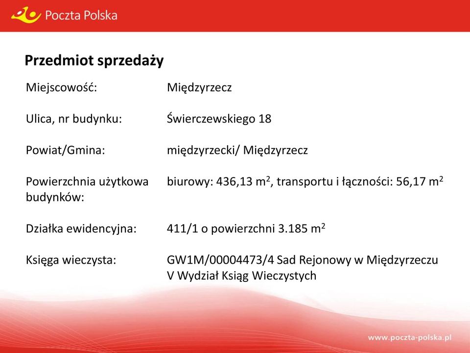 transportu i łączności: 56,17 m 2 budynków: Działka ewidencyjna: 411/1 o powierzchni 3.