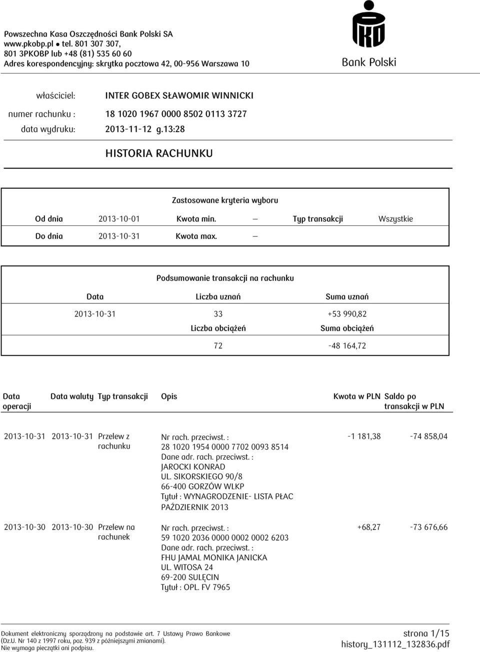 Zastosowane kryteria wyboru Od dnia 2013-10-01 Kwota min. Typ transakcji Wszystkie Do dnia 2013-10-31 Kwota max.